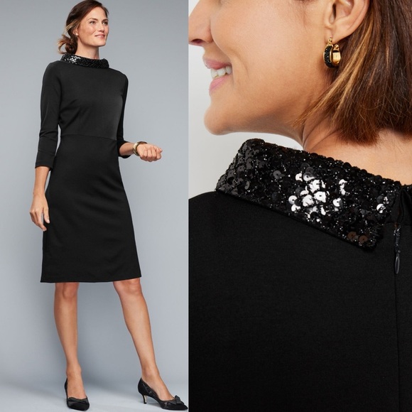 Talbots Dresses & Skirts - Talbots Black Sheath Dress Mock Neck Sequin Collar Cocktail Event Evening 4P